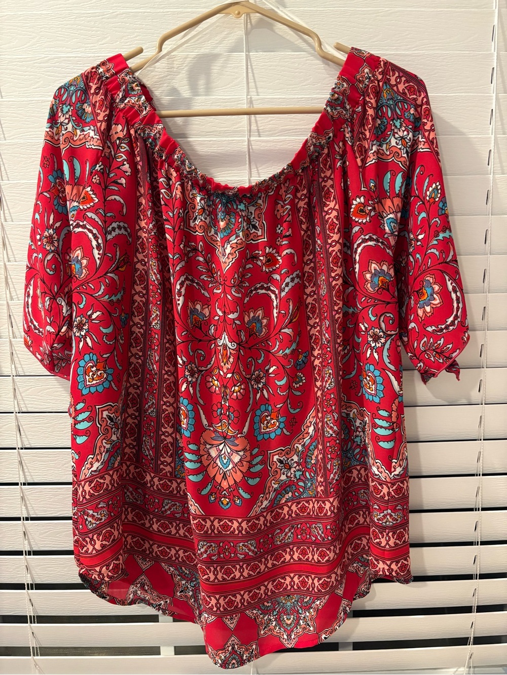 Red Floral Off-Shoulder Peasant Blouse with Turquoise Accents